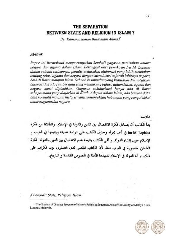 The Separation Between State and Religion in Islam?