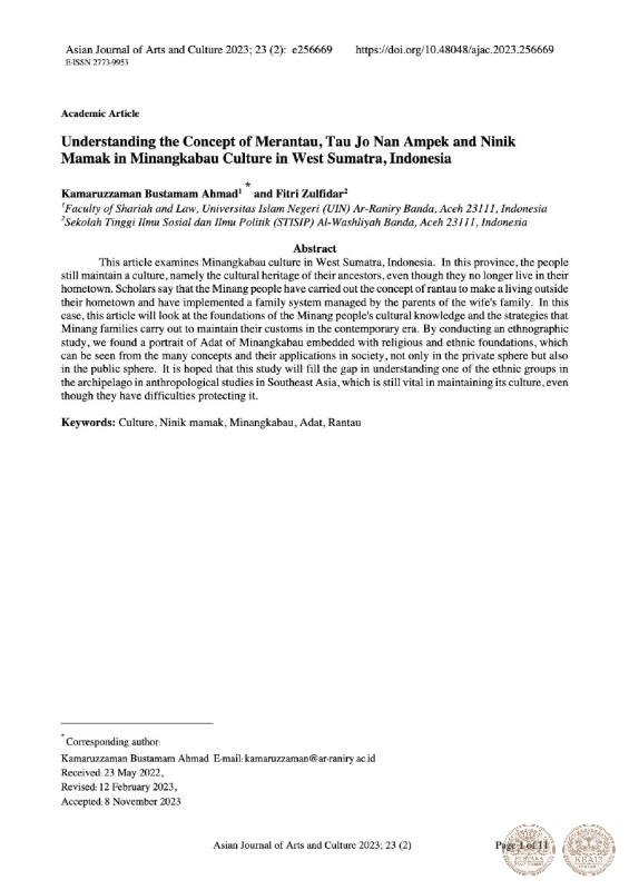 Understanding the Concept of Merantau, Tau Jo Nan Ampek and Ninik Mamak in Minangkabau Culture in West Sumatra, Indonesia