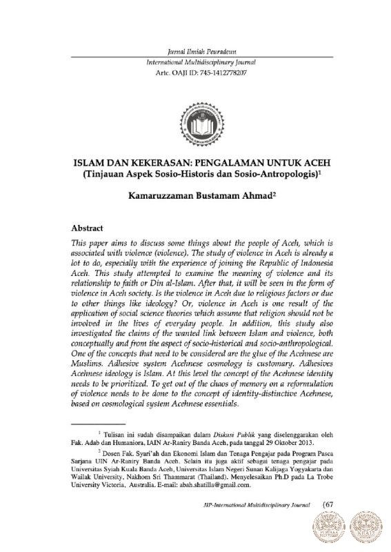 Islam dan Kekerasan: Pengalaman untuk Aceh (Tinjauan Aspek Sosio-Historis dan Sosio-Antropologis)